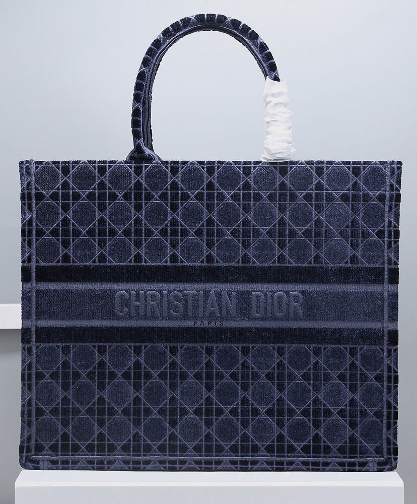 Christian Dior Cannage Embroidered Velvet Dior Book Tote Dark Blue